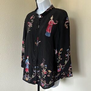 Citron Black Silk Oriental Button-Up Blouse